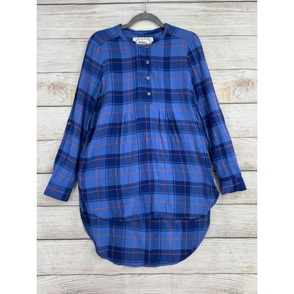 Holding Horses Anthropologie Button Up Tunic Blouse Womens Small‎ Blue Plaid